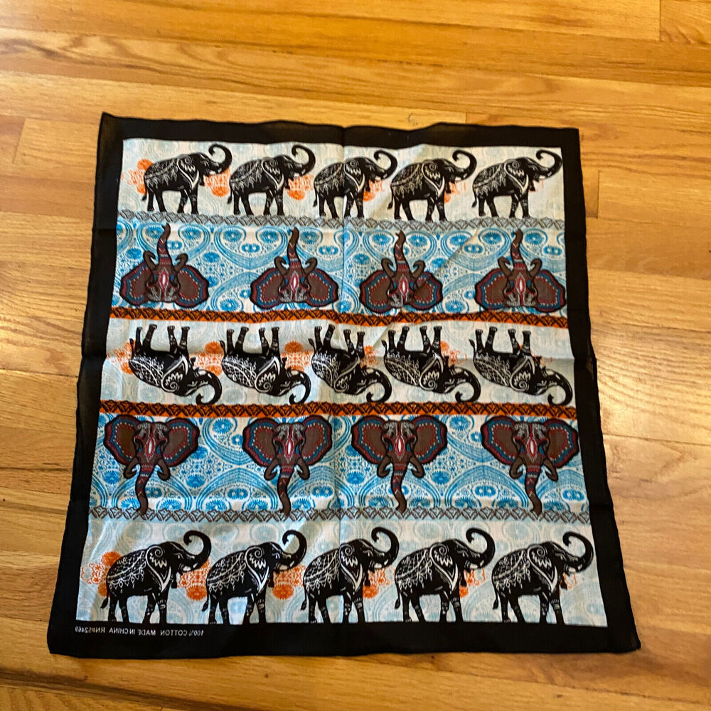 Vtg Deadstock Bandana 100% Cotton RN 52469 Elephant 21.5" Blue Orange Black - Picture 4 of 4